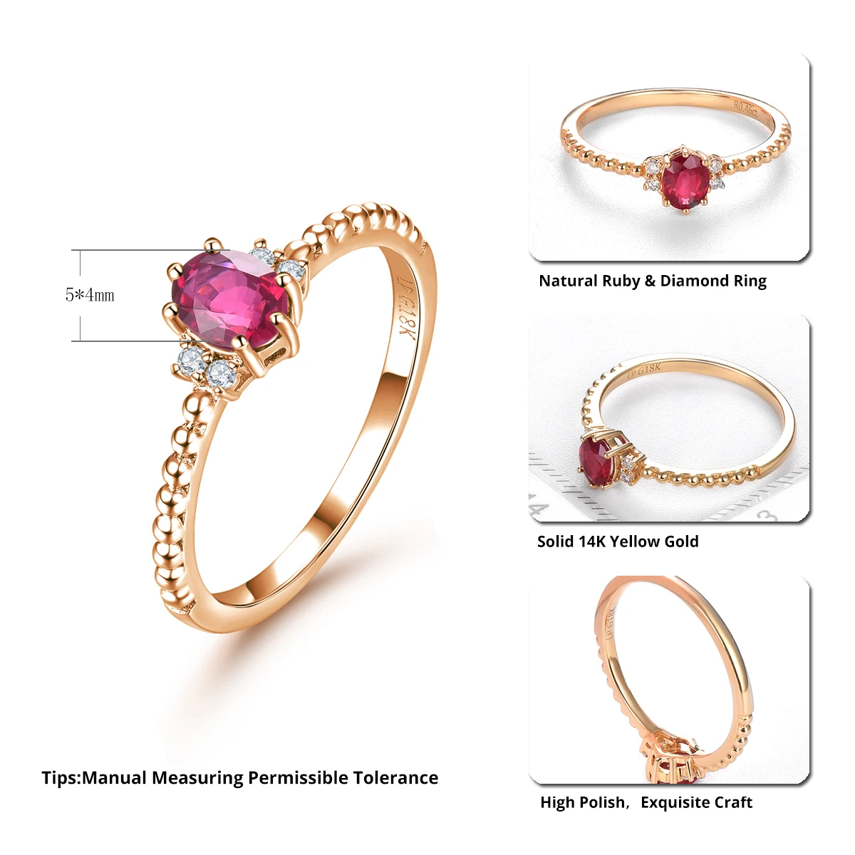 Lohaspie 14K Rose Gold Natural Ruby Ring 0.4 Carats Genuine Gemstone Romantic Style Fine jewelry for Women's Party Gift