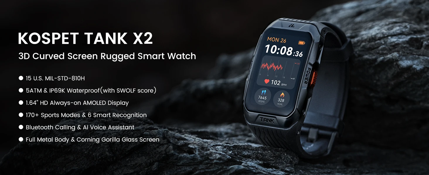 KOSPET TANK X2 Smartwatch für Herren, IP69K, wasserdicht, 3D-gebogener Bildschirm, 1,64 Zoll AMOLED, Bluetooth-Anruf, 170 Sportmodi, Smartwatch – Detail 1