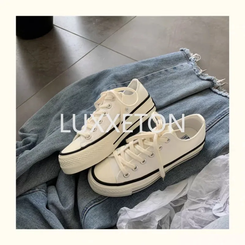 Thick-soled Canvas Women\'s Shoes 2024 New All-match Student Small Whiteboard Shoes Low-top White Casual Shoes Increased