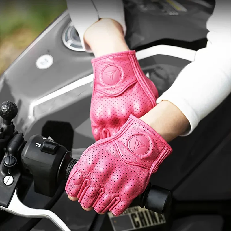 Summer Half Finger Short Gloves Leather Motorcycle Gloves Women Girl Female Breathable Vintage Pink Yellow Guantes Gants Luvas