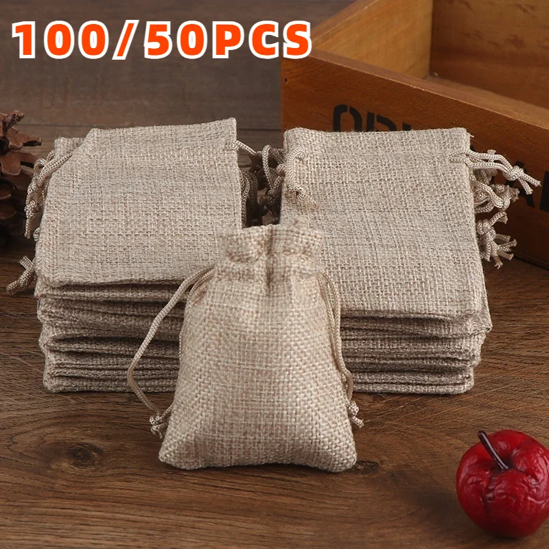 100/50 sztuk 13X18CM/10X15CM/7X9CM sznurek torba jutowa juta prezent DIY Wedding Favor torba na prezenty do pakowania cukierków czekolada Jewery