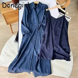 Donegirl 2024 autunno nuova moda risvolto tasca camicia abiti a righe sottili allentato Casual semplice elegante abito lungo femminile Chic