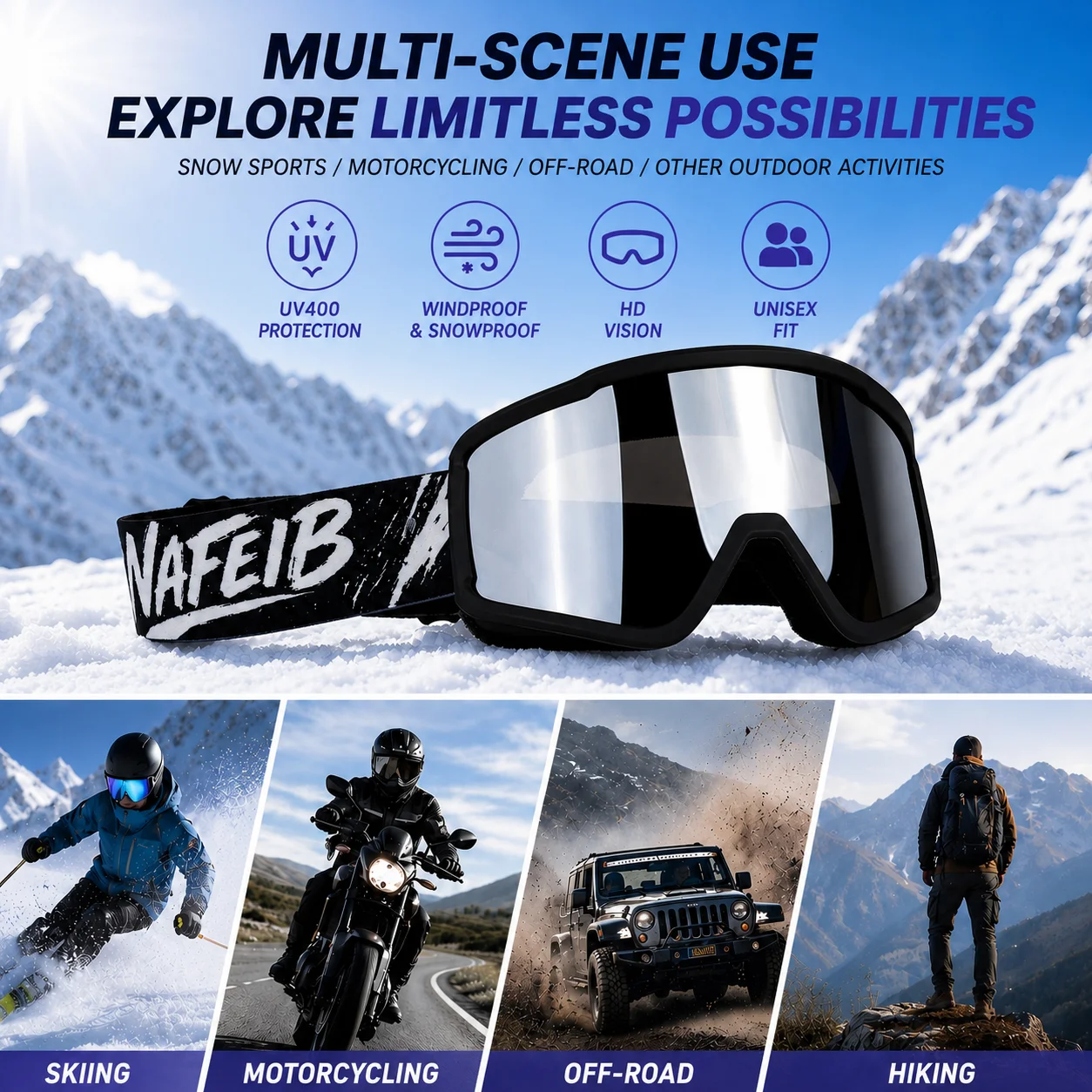 Ski Goggles, Universal for Off-Road Motorcycle, Wind & Sand Resistant, UV Protection, Multiple Colors Available