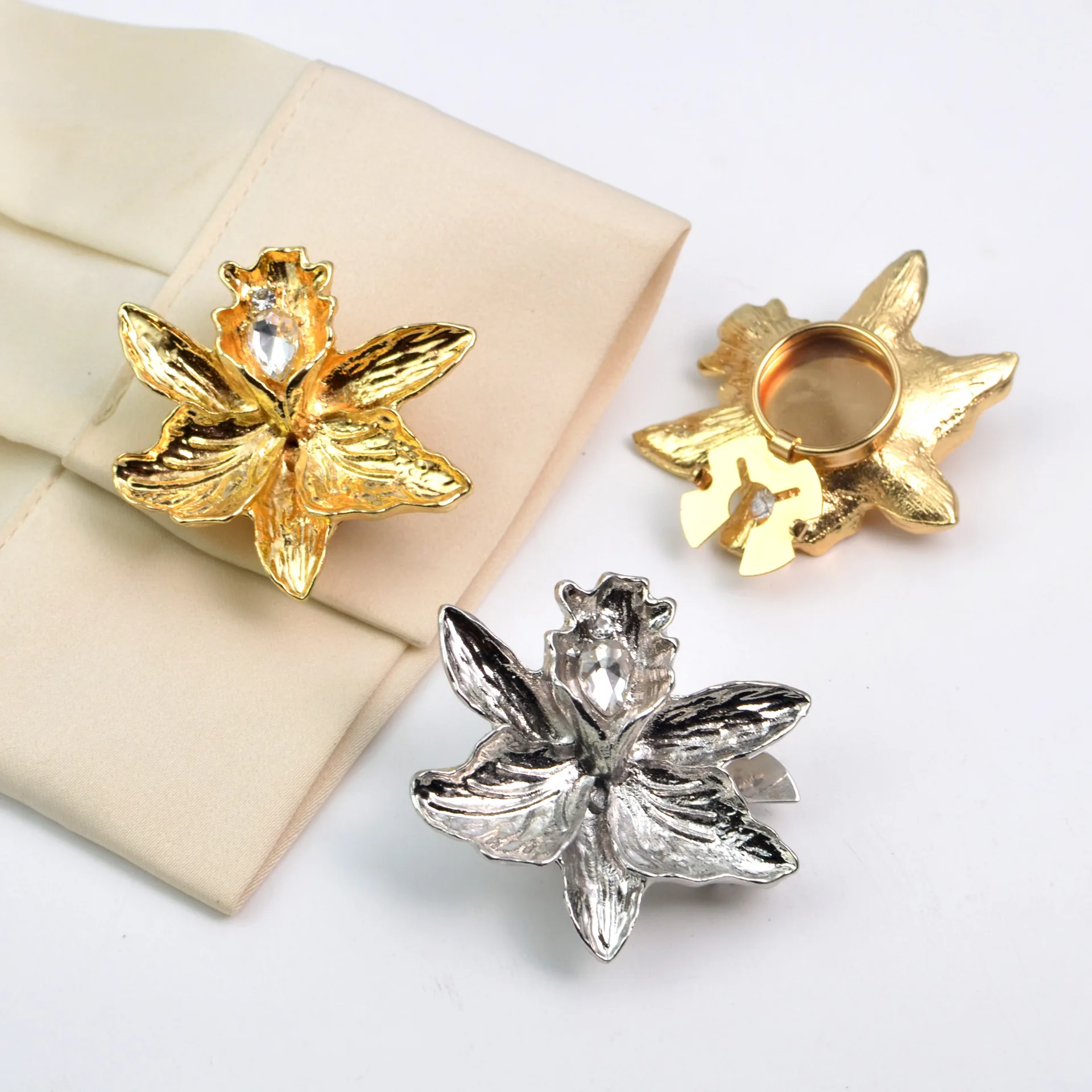 Vintage Orchid Flower Rhinestone button cover, Gold/Silver Alloy, Elegant Clothing Button Cover Brooch for Women Coat Decoration