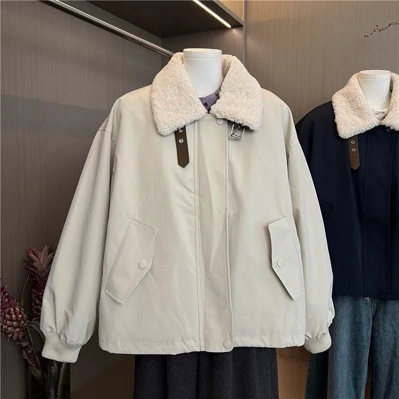 Women's 2026 Stand Collar Lamb Spliced Short Jacket Autumn Winter New Loose Plush Thicken Coat Female Warm Parka Casual Top