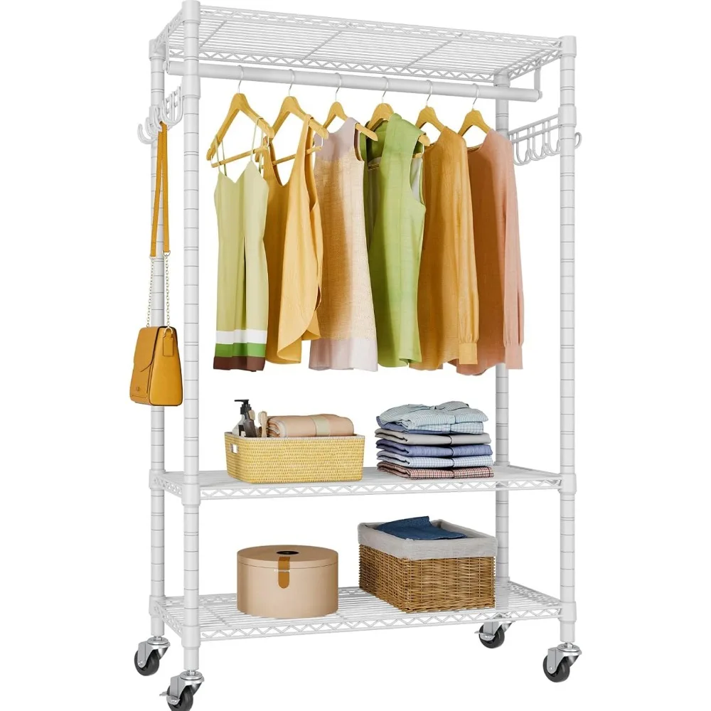 

R1 Rolling Clothing Rack Heavy Duty Garment Rack for Hanging Clothes, Portable Closet Wardrobe with Wheels and Side Hooks, Adju