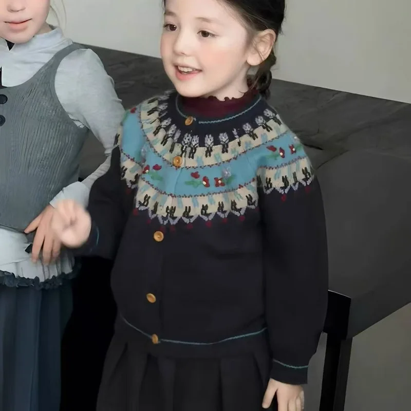 Autumn and Winter New Children's Clothing Girls Fair Island Sweater Children Jacquard Knitted Cardigan Baby Coat