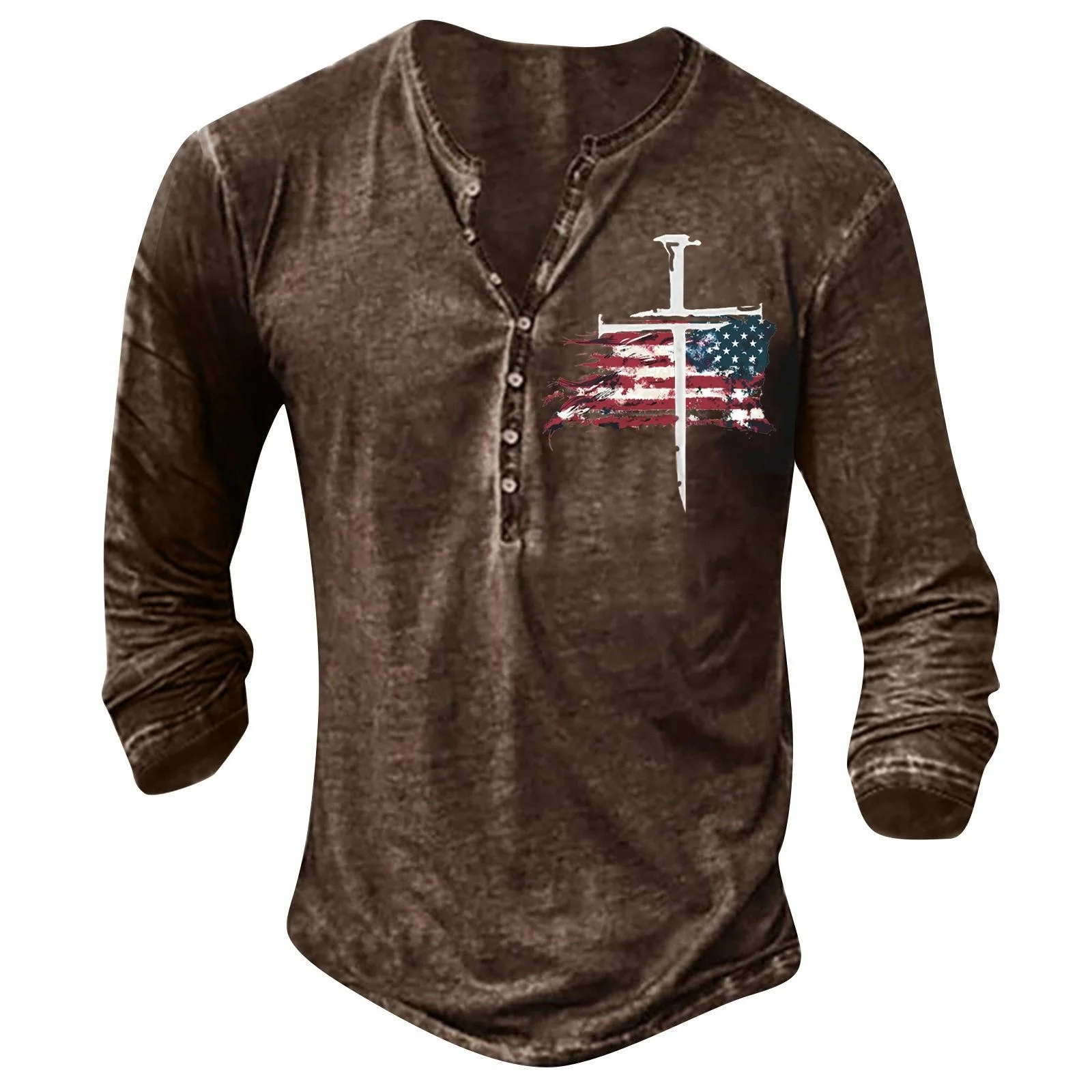 Langarm-T-Shirt für Herren, Retro-Henry-Shirt, einfarbiges Logo, 3D-gedrucktes, bequemes Langarm-Shirt für die Straße