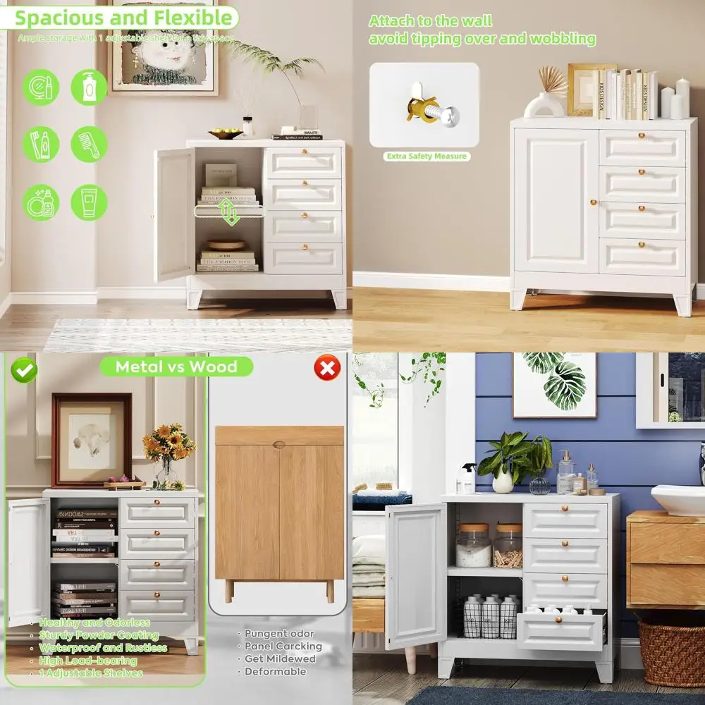 

Металлический напольный шкаф для ванной комнаты с 4 ящиками, дверцей и полками, 33H x 31.5W x 15.75D, белый