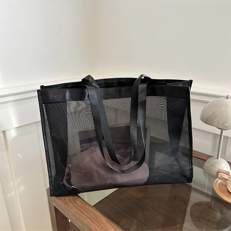 

Black Large Capacity Mesh Handbag with Fixed Color Storage Bag, Transparent Multifunctional, Suitable for Beach Swimming