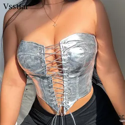 Vsstiar Summer Lace Up Bright PU Tanks Top Sexy Off Shoulder Strapless Bustier Silver Gold Fashion Party Club Women Corset Vest