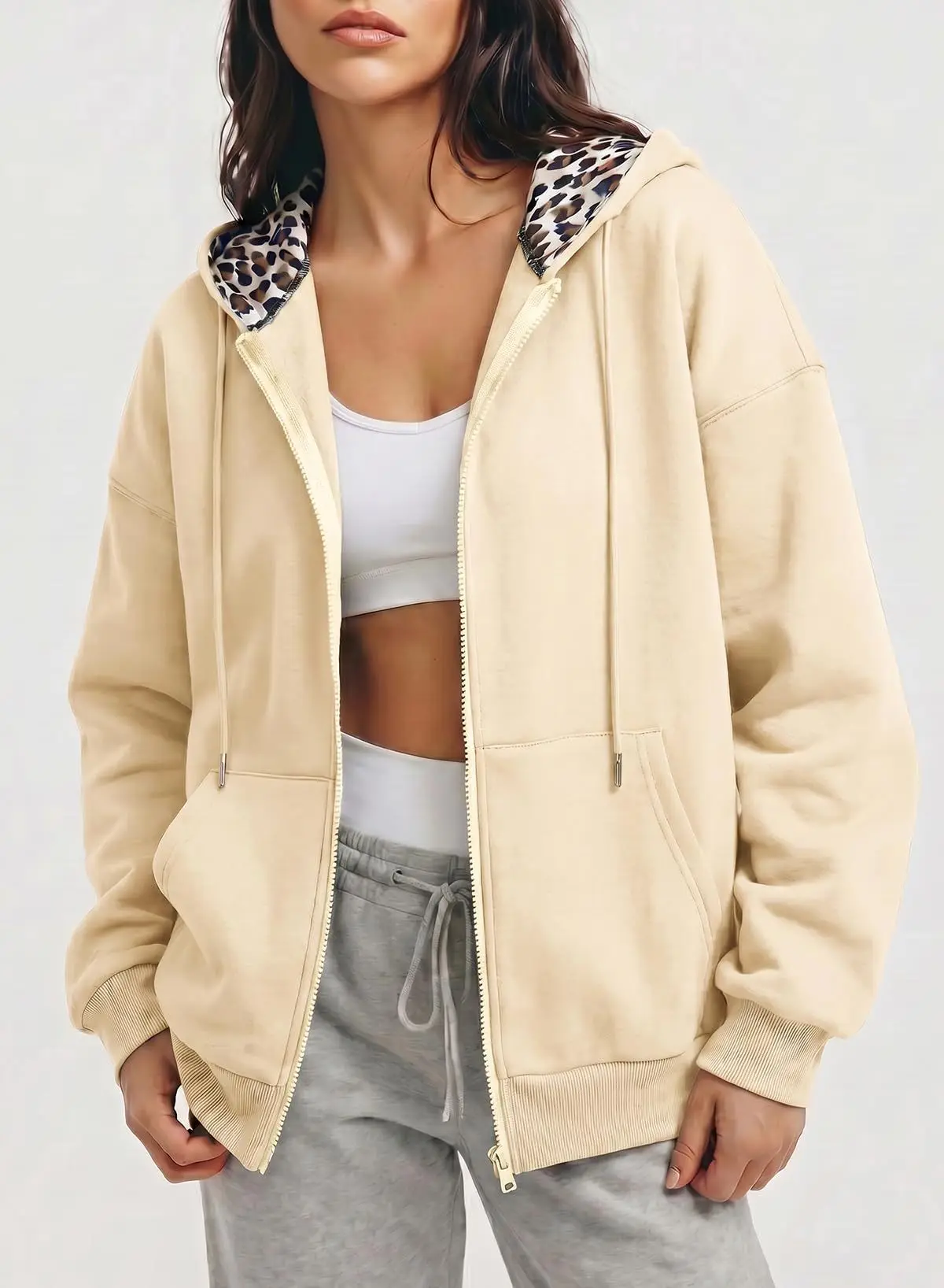 Women's Full Zip Hoodie with Leopard Hood Lining Oversized Long Sleeve Jacket Winter Warm Fleece Lined Sweatshirt Streetwear
