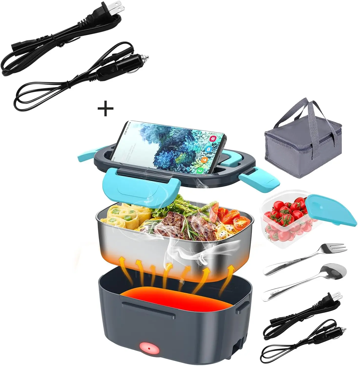 

Electric Lunch Box 80W Food Warmer 12V/24V/110V with 2 Cords for Car, Truck, Home