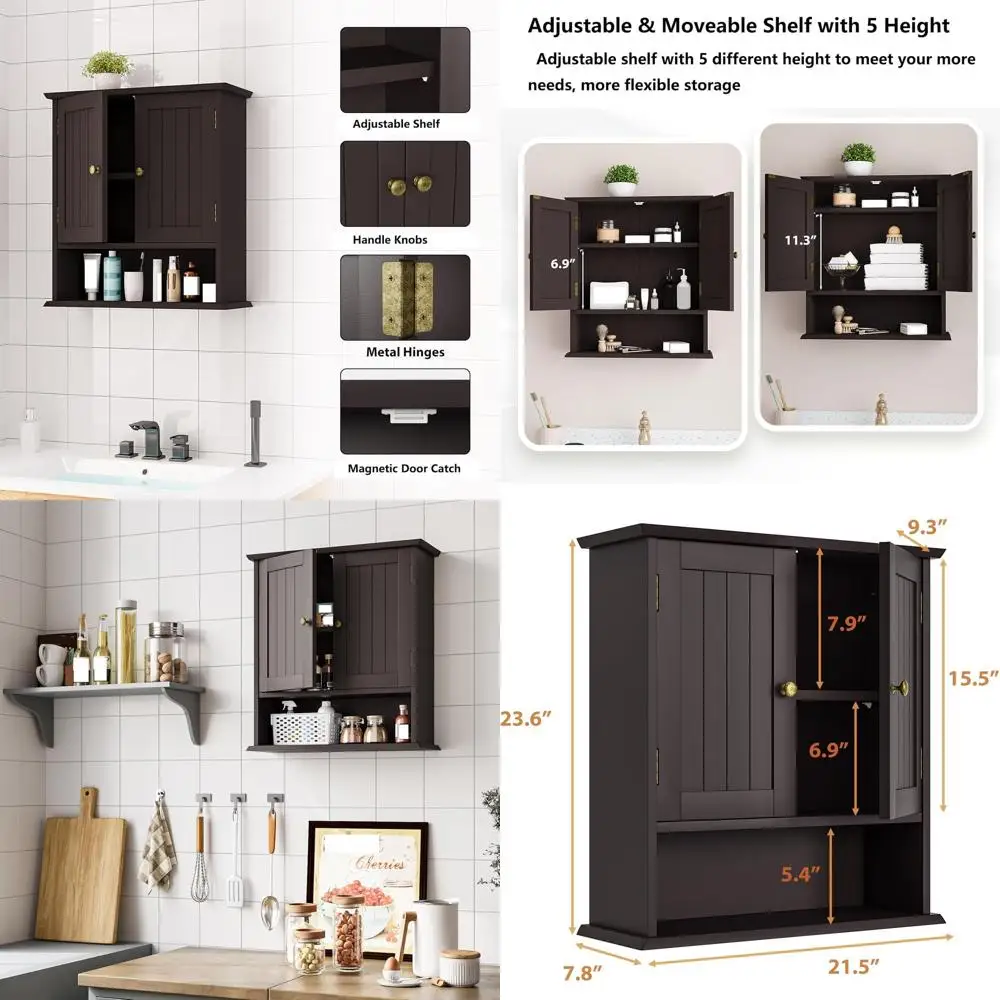

Space-Saving Wooden Over-The-Toilet Storage Cabinet with 2 Doors and Adjustable Shelves