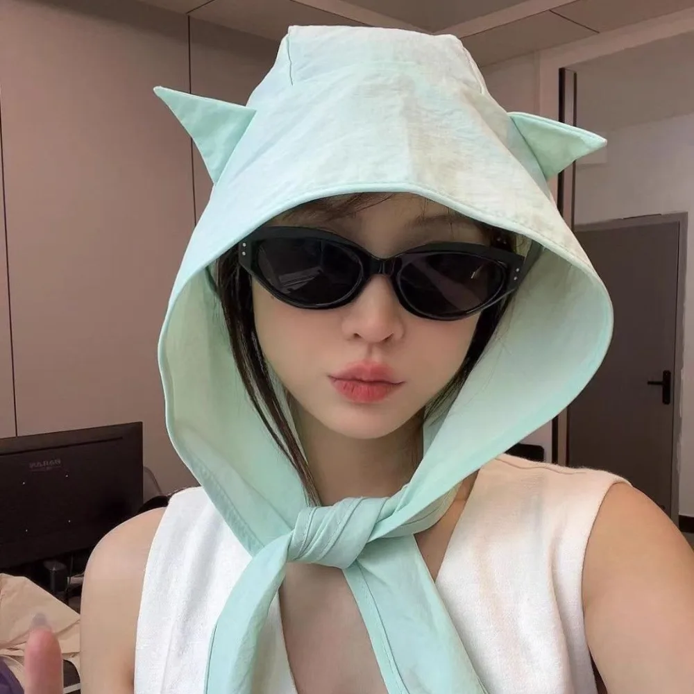 

Cute Solid Color Little Devil Hat Lace-up Fast-drying Lace-up Pullover Hat Pullover Style Shawl Shape Y2K Shawl Hat For Girls