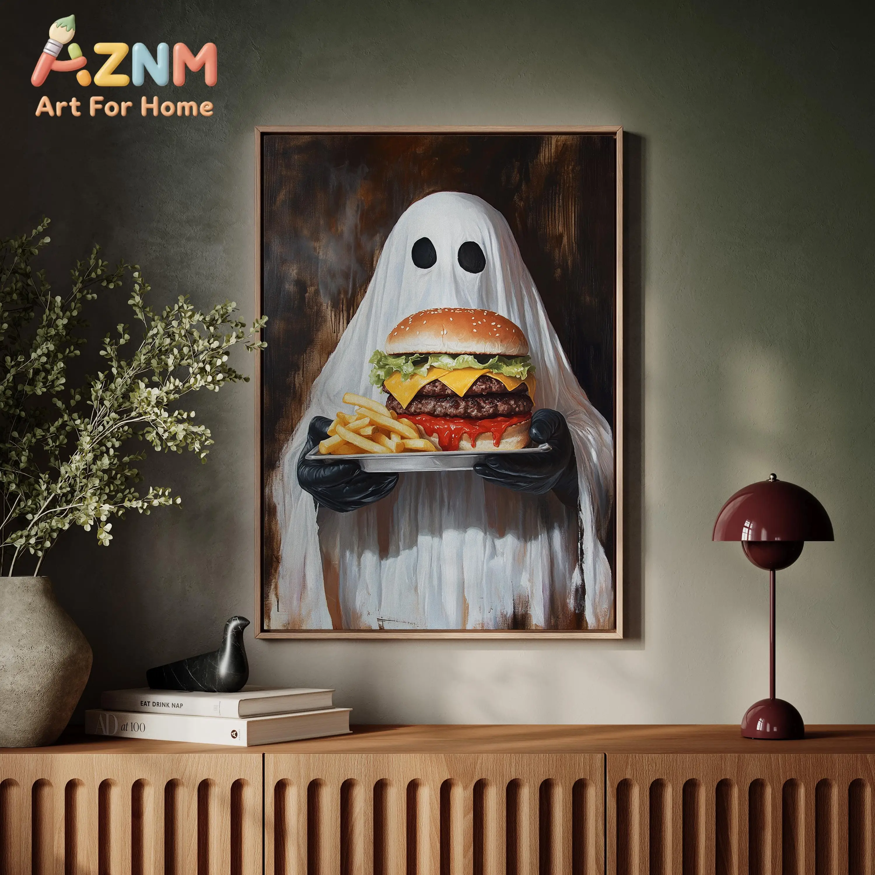 AZNM Funny Ghost Holding Burger Fries Canvas Wall Art, Cute Halloween Frameless Canvas Print Poster for Bedroom Kitchen Indoor H