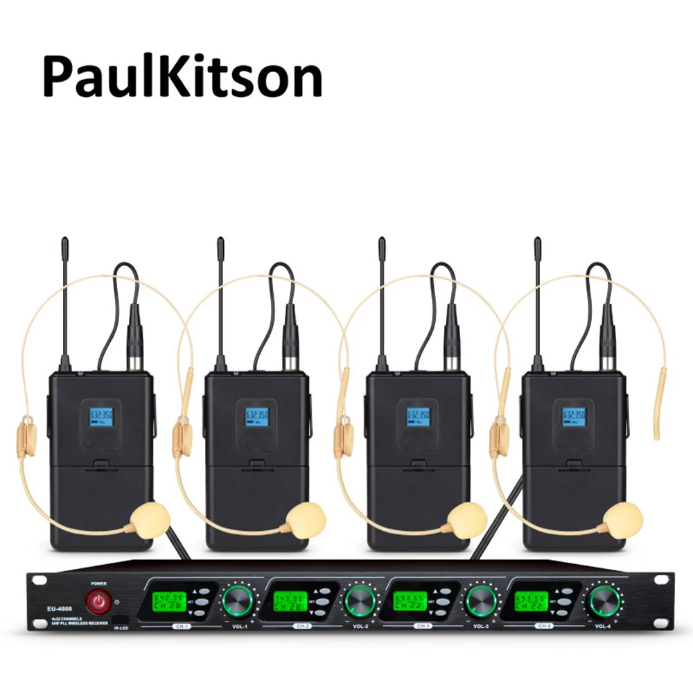Paulkitson EU4000 Microfone Sem Fio Profissional 4 Canais Handheld Mic Lavalier Mic Para Igreja Atividade Ao Ar Livre Stage Micrófo