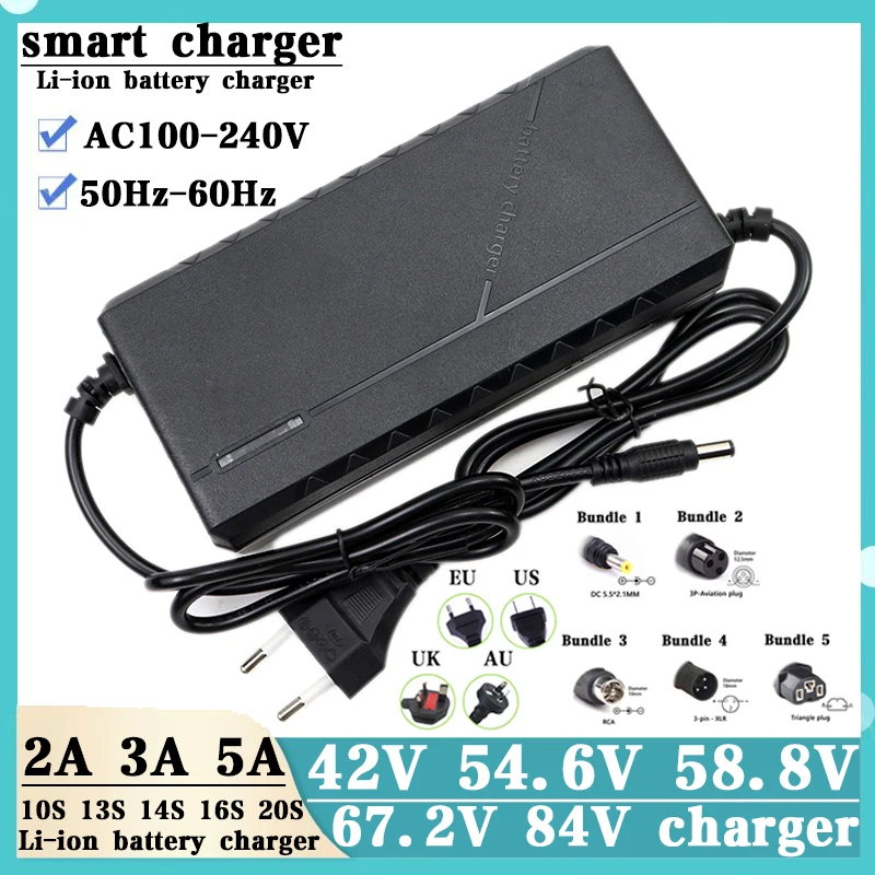 84V 58.8V 67.2V 42V 54.6V 2A 3A 5A Li ion battery pack charger  with 10S 13S 14S 16S 20Scooling fan  intelligent fast charging