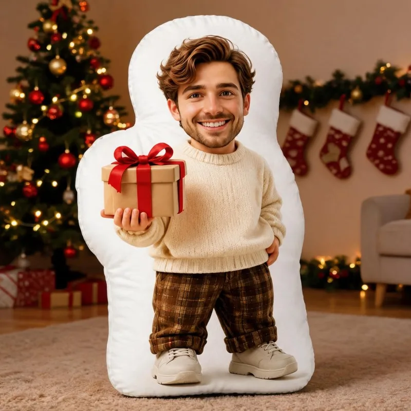 Custom Personalized Photo Shaped Pillow, Smiling for Man Holding Gift Box Custom Face Decorative Cushion, 70cm Home Decor Accent