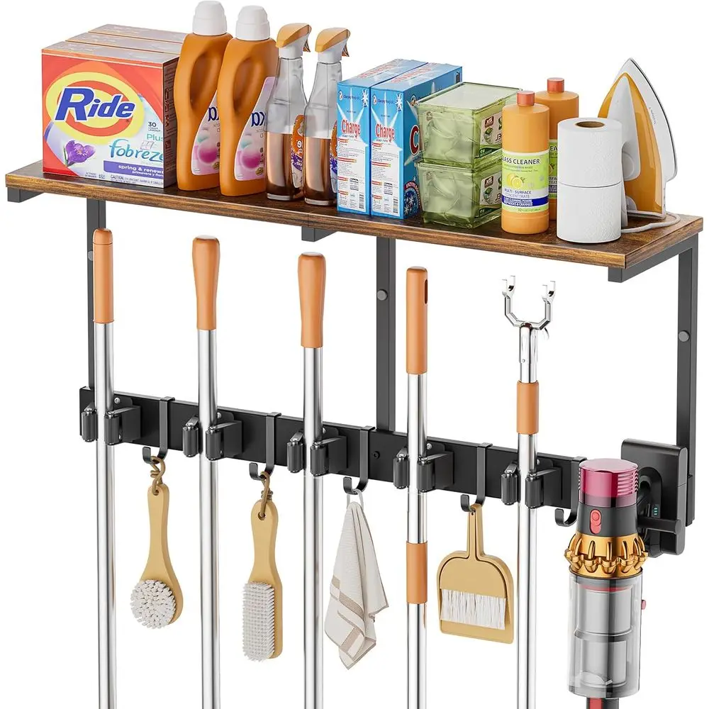 

Broom Holder Wall Mount with Cleaning Supplies Organizer, Laundry Room Organization and Storage Shelves with Mop Hanger Rack Gri