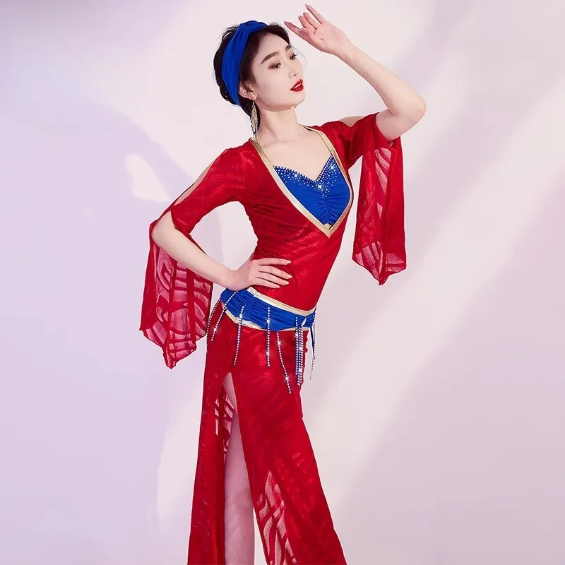 맞춤형 새로운 밸리 댄스 의상 점프 슈트 baladi 가운 댄스 공연 의상 메쉬 롱 드레스 블랙 레드 스플릿 스커트