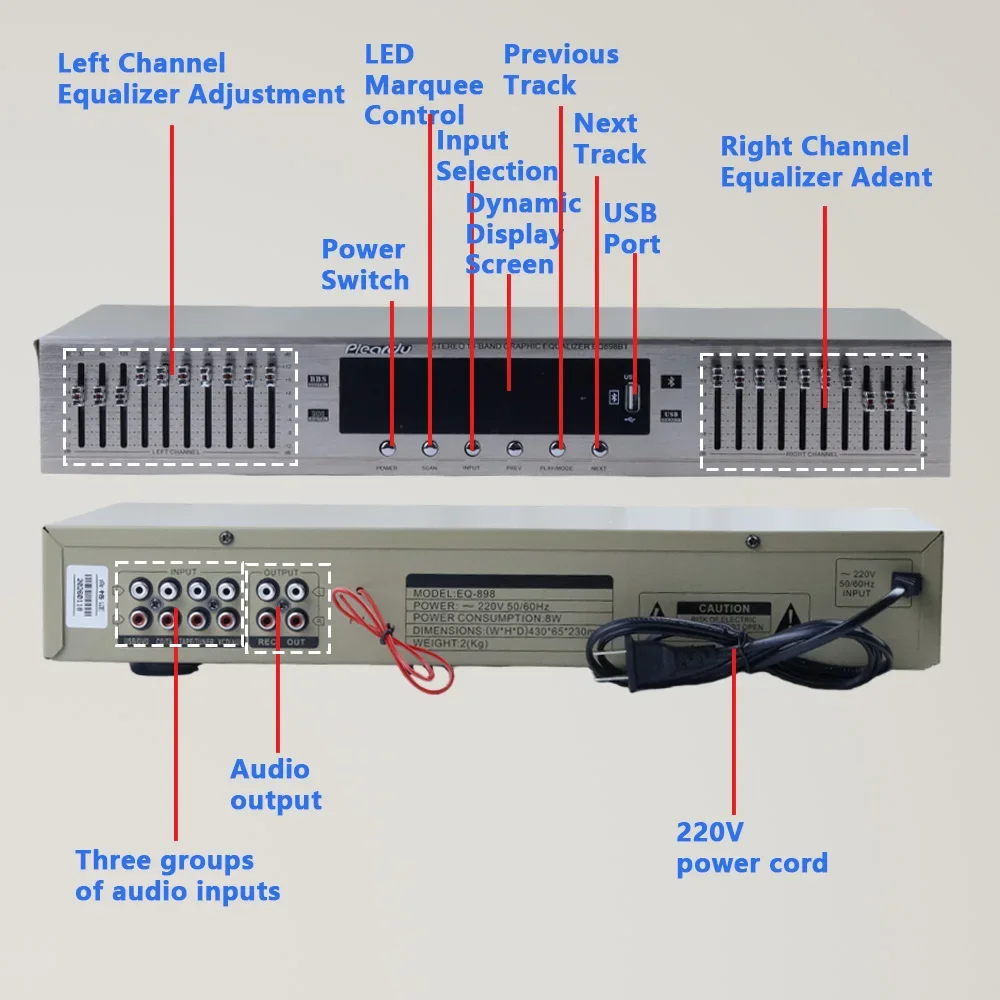 EQ-898BT EQ-665BT HIFI Digital HD Stereo Preamplifier Equalizer Built-In USB Bluetooth Home Stage Equalizer Dual 10 Segments220V