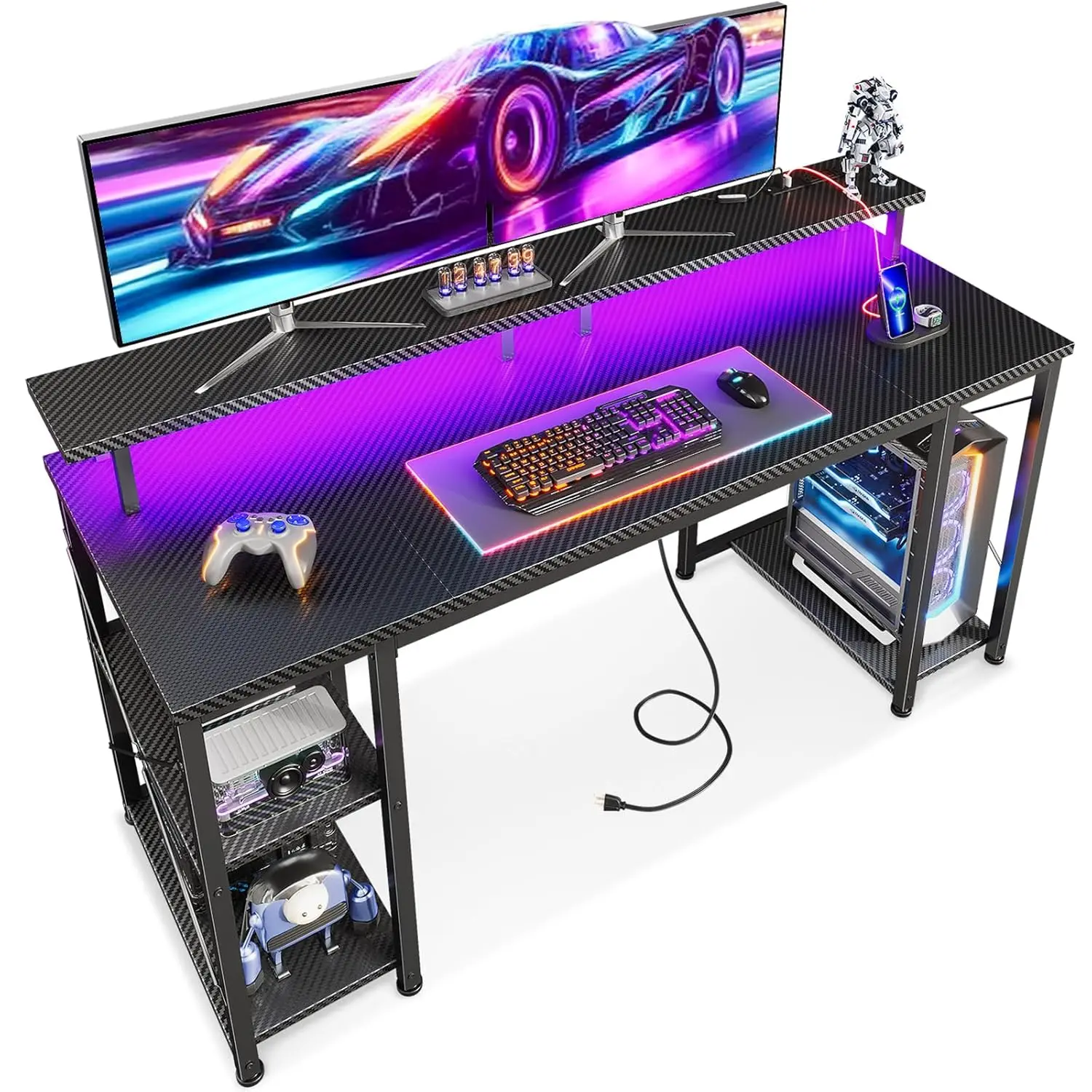 55 Inches Gaming Desk With LED Lights, Computer Desk With Monitor Stand, Pc Table With CPU Stand, Carbon Fiber Blackcomputer Des