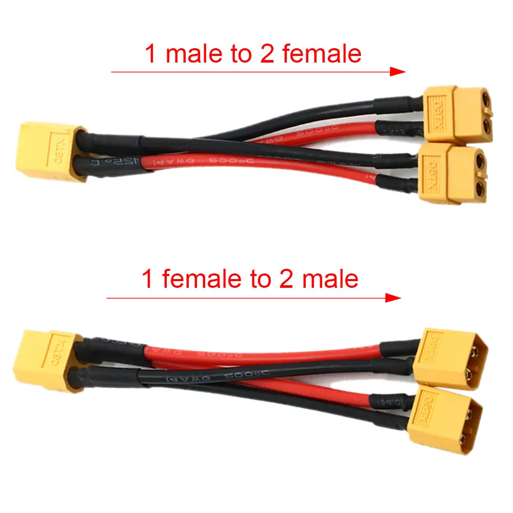 Conector de batería paralelo XT60 macho/hembra, Cable de silicona de 3 vías, 14AWG, extensión Dual Y divisor para cargador de batería de Motor