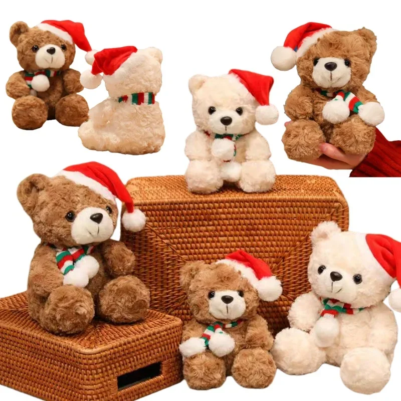 18/23 سنتيمتر عيد الميلاد الدب وشاح قبعة محاكاة الحيوان ألعاب من القطيفة دمى الكرتون الأبيض البني يجلس الموقف الفتيات هدايا عيد الميلاد