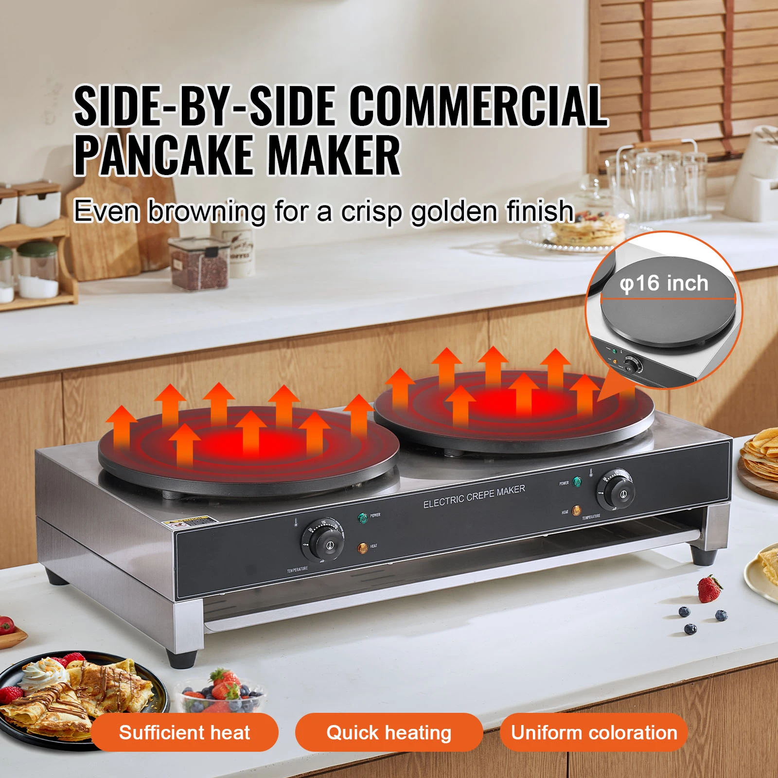 SucceBuy 16in Máquina de Crepe Elétrica Cabeça Dupla Máquina de Crepe Comercial Placa Plana Chapa de Crepe Cereais de Mesa Fogão de Panqueca