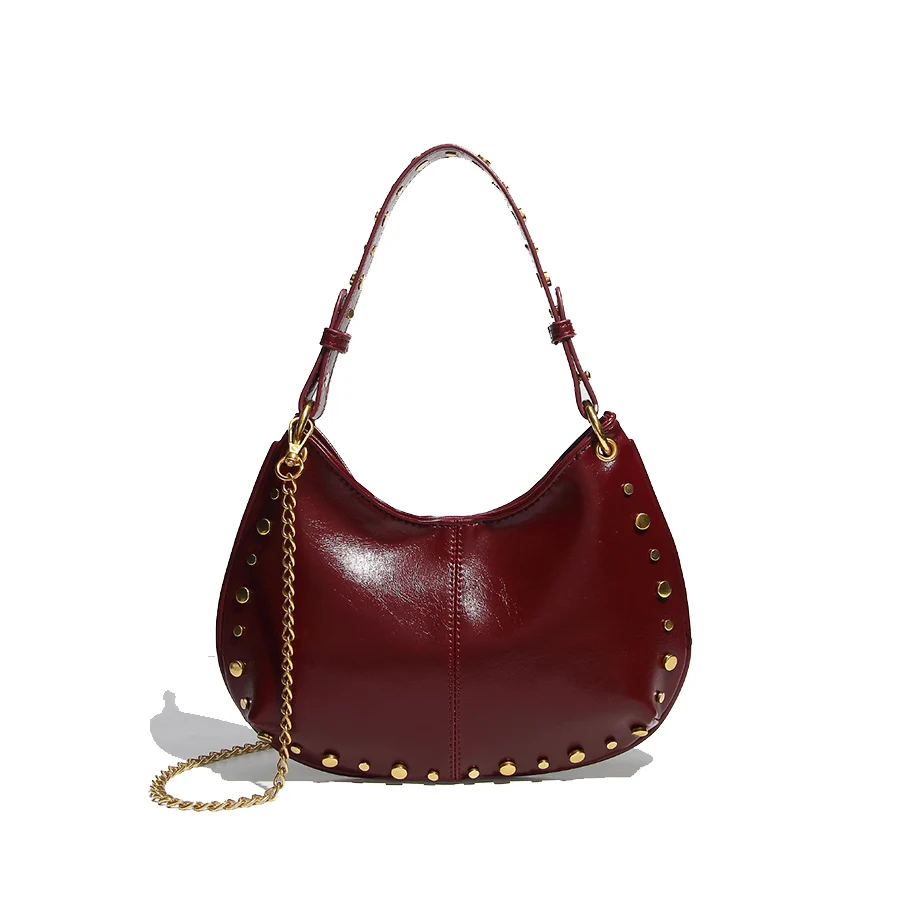 

Street punk riveted adjustable single-shoulder women's crossbody saddle bag wholesale crescent armpit bag chains purse handbags