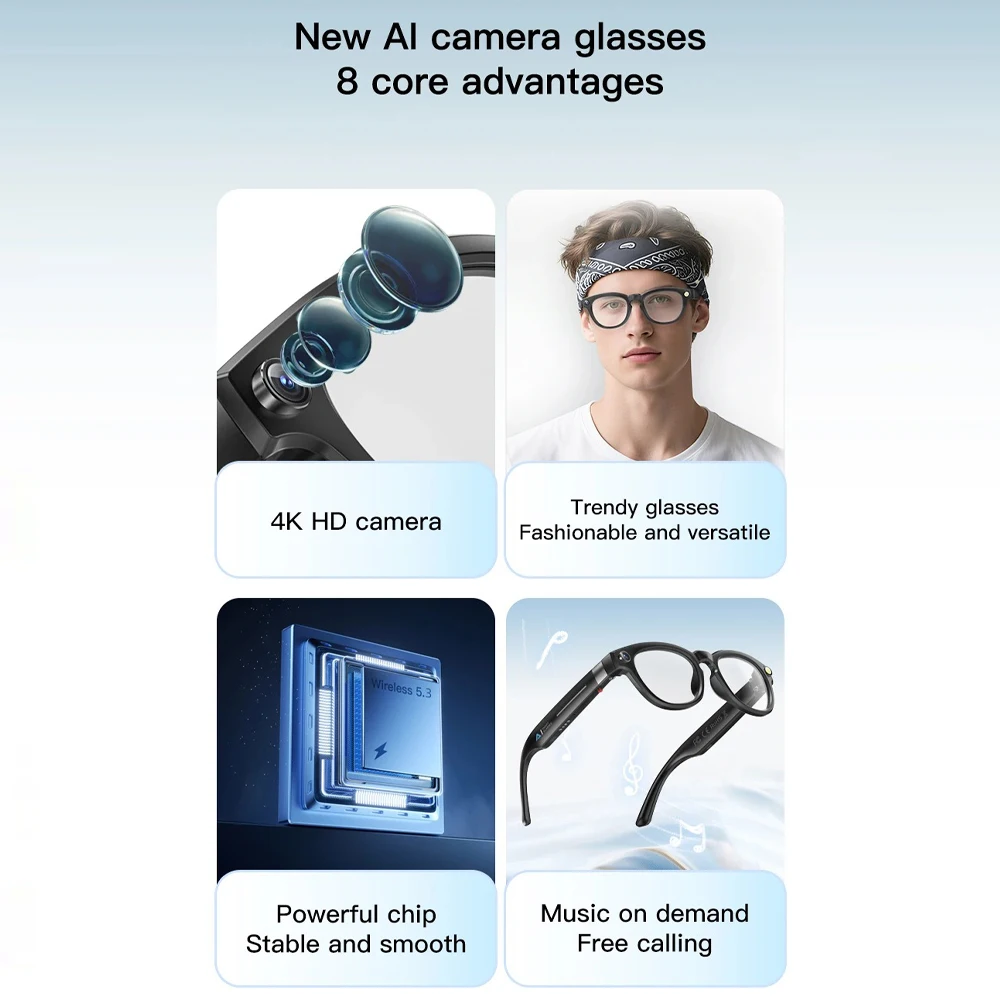 Q8 AI Smart Glasses Real-Time Translation HD Image Stabilization Music Sunglasses For Office Business Travel Sports Camera