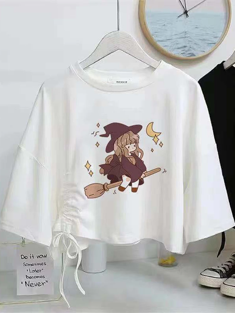 Summer Women T Shirt Casual O-Neck Short Sleeve Printed Short Tee Girls Kwaii Cute Bow Loose Tops Female Graphic White t shirt