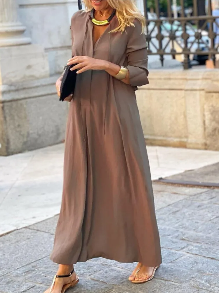 

2025 Women's Spring New Arrival Dress Solid Color Lapel Long Sleeved Sexy V-neck Casual Comfortable Long Sleeved Shirt Dress