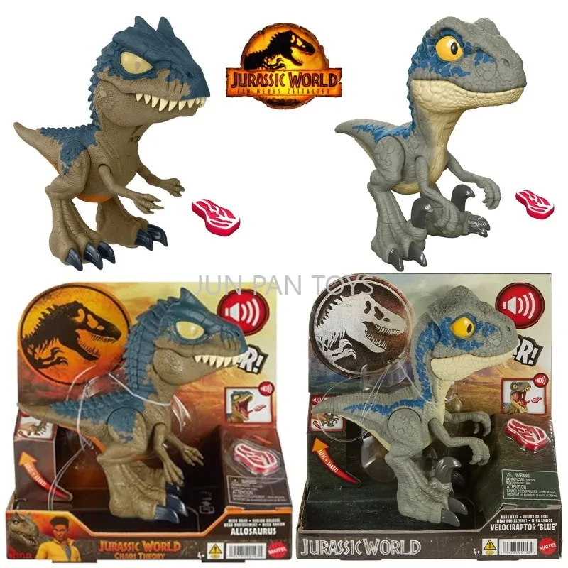Figura de Dinosaurio Allosaurus Original de Jurassic World, Mega Roar Chaos Theory, Juguete para Niños, Velociraptor Azul con Sonidos y Función de Alimentación