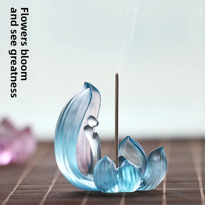 Liuli Lotus Incense Holder Buddha Style Stand for Home Living Room Temple Table Decor Gift Box Set Art New Pro