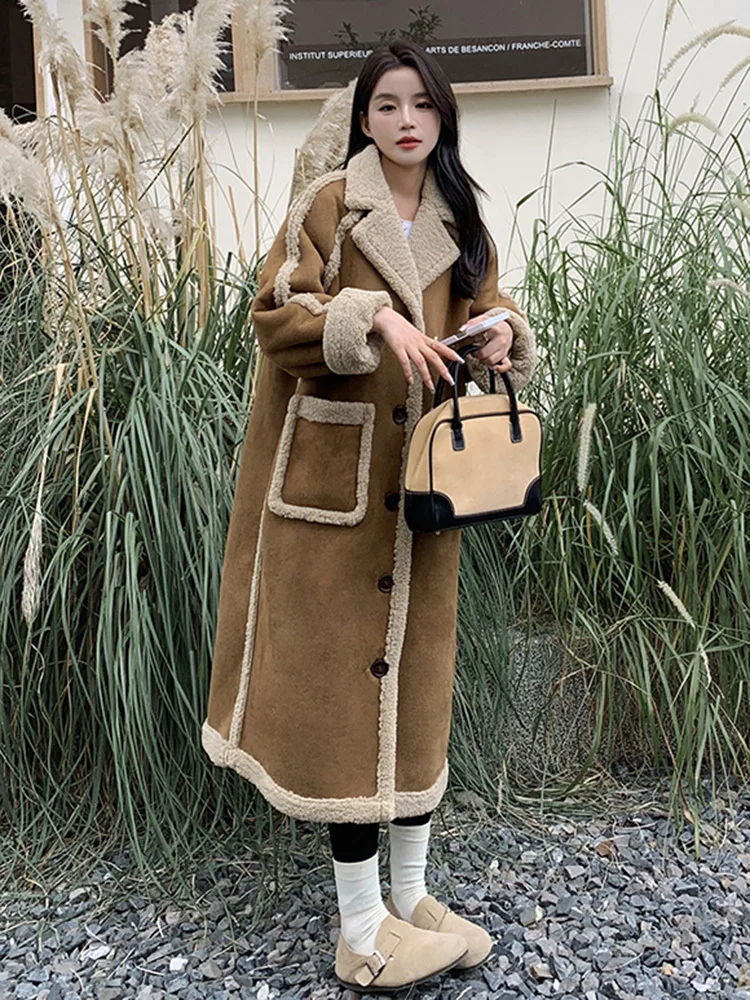 LANMREM Lamb Wool Long Coat For Women Patchwork Lapel Big Pockets Thick Winter Warm Overcoat Female Clothing 2024 New 2DB1058