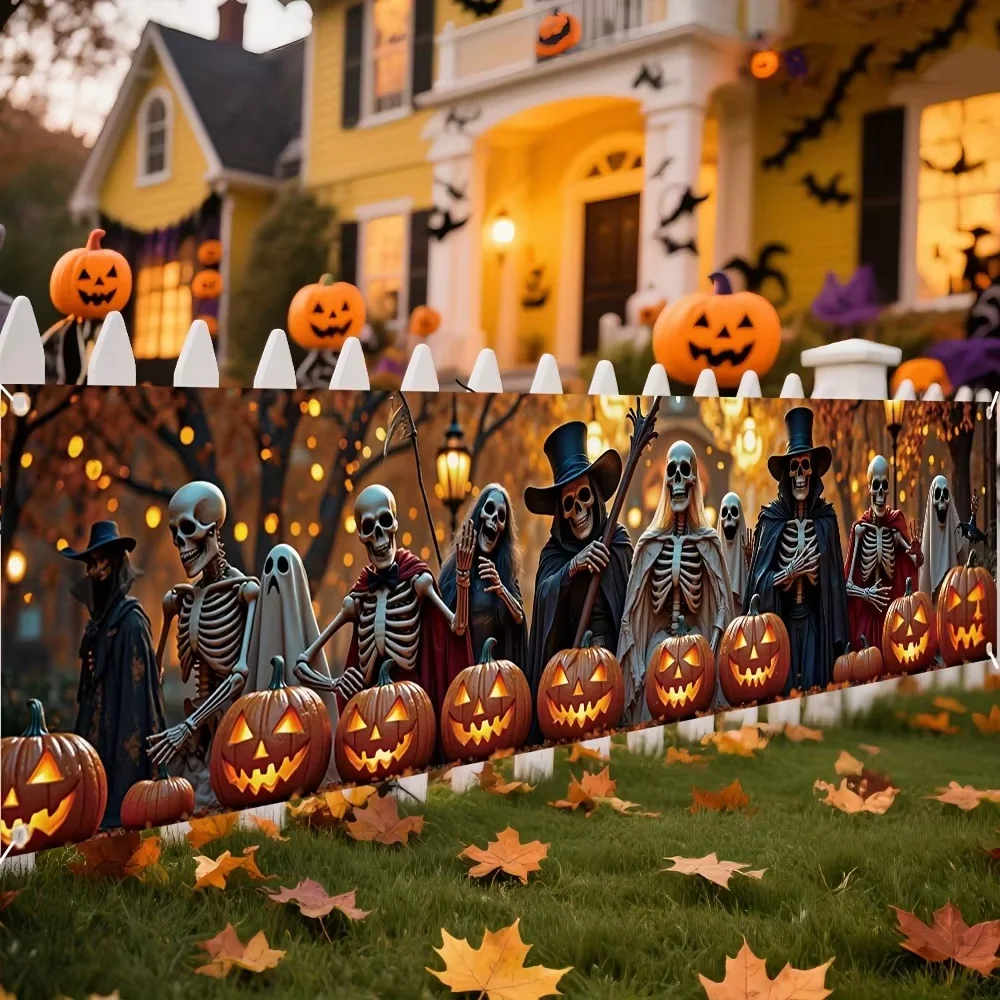 Halloween-Skelett-Geister-Zaunbanner, Sensenmann-Kürbislaterne-Herbstwald-Druck, lange Hängeflagge für Garten und Außendekoration
