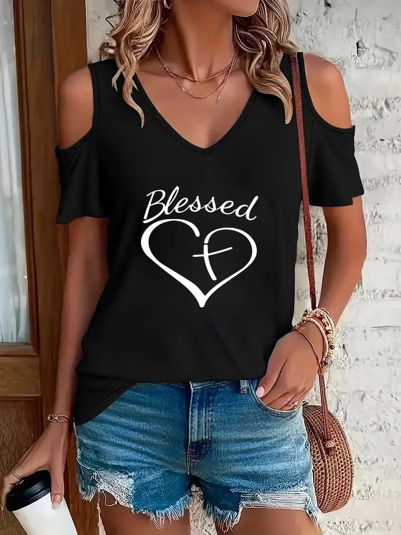 Off-Shoulder V-Neck Blessed Love Heart Print T-shirt Graphic V Neck T Shirt Casual Top Summer Women's Anime Y2k Clothing