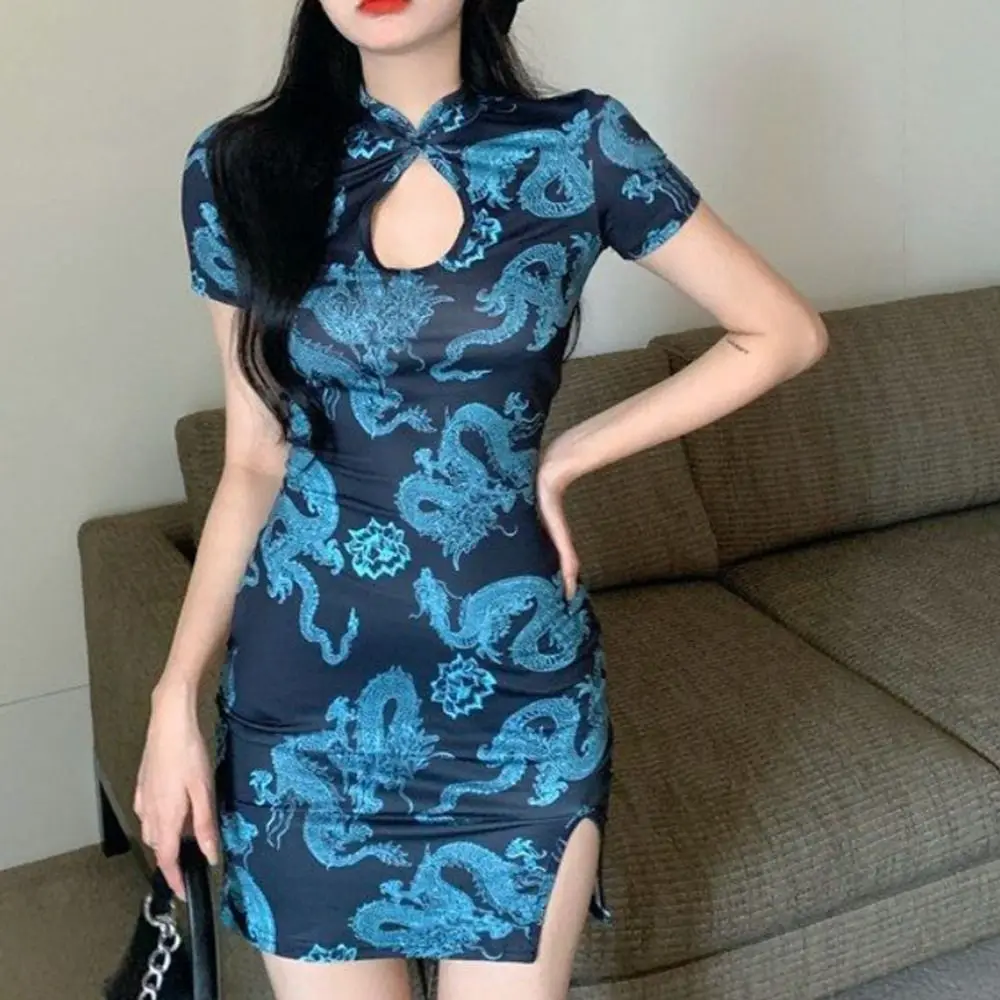 Short Sleeve Dragon Print Cheongsam Retro Forking Vintage Chinese Cheongsam Dress Hollowing Out Slim Women\'s Clothing Party