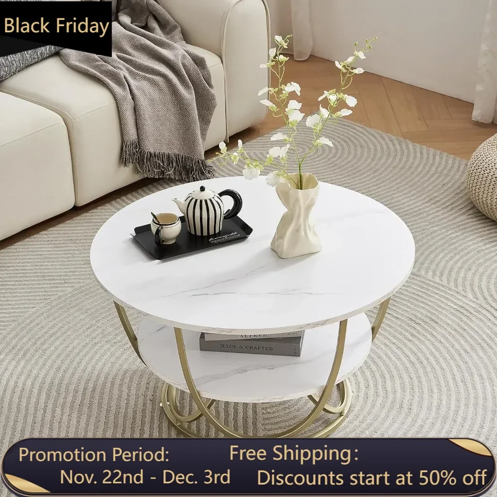 White and gold coffee tables with storage space, wooden tabletop with marble white print and gold frame, free shipping