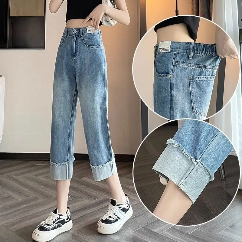 Pantalones vaqueros de pierna ancha prensados de verano para niñas, pantalones vaqueros finos sueltos, pantalones casuales de moda para mujeres, pantalones de chándal, pantalones vaqueros para adolescentes, pantalones para niñas