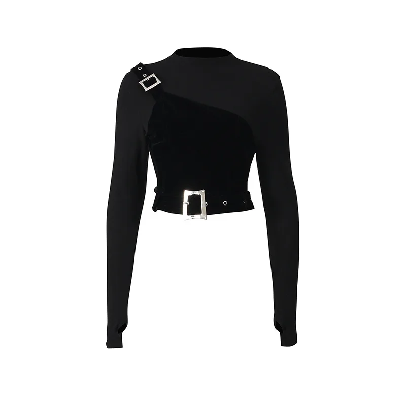 ZAMOR HIGH STREET Women's 2026 New Sexy Street Style Fashion Spliced Belt Long Sleeve Solid Irregular Design T-Shirt Top