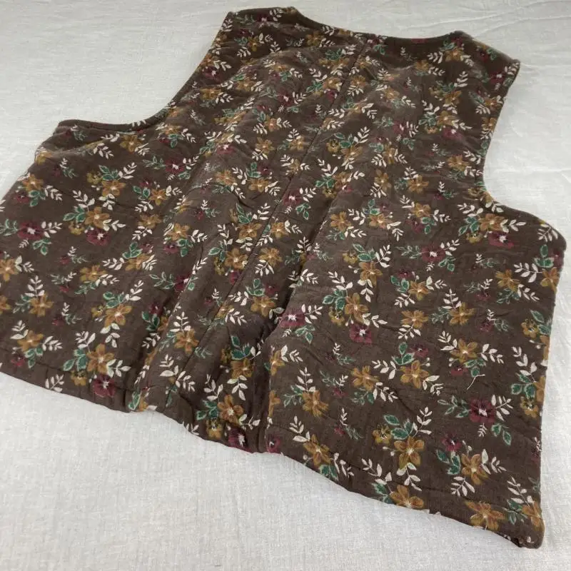 秋冬芸術スタイルの女性ルーズノースリーブコートダブルポケットヴィンテージ花柄厚いコットンリネンプルオーバーベスト T35