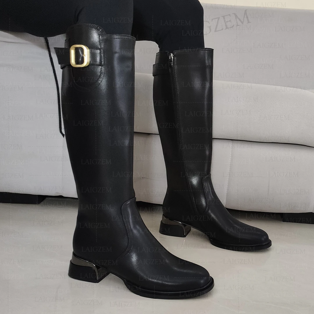 SEIIHEM Women Knee High Boots Real Leather + Synethetic Mid 4.5CM Thick Heels Side Zip Boots Ladies Shoes Woman Size 33 40 43 46