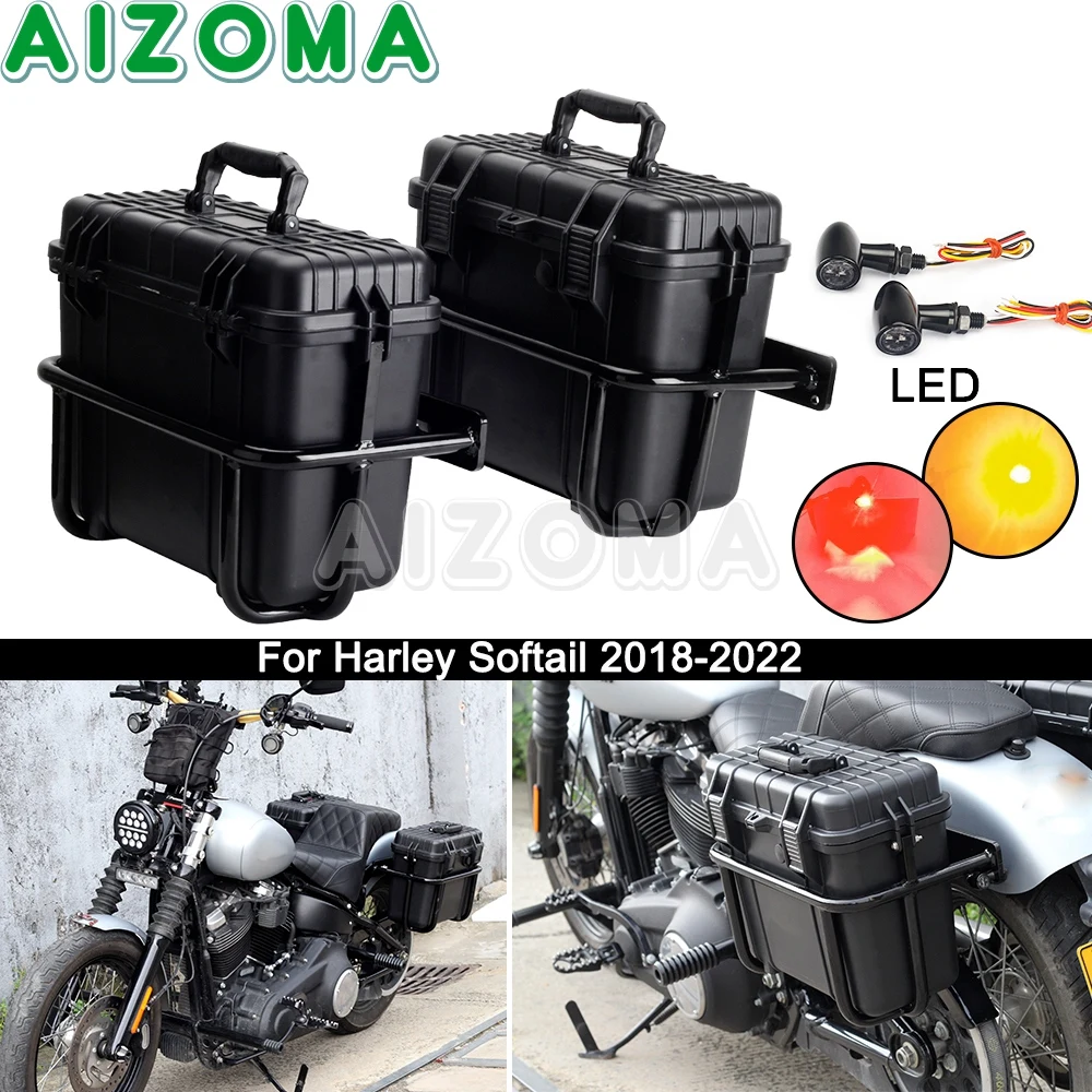 

Side Case Box W/ Rear Turn Signal Light For Harley Softail Fat Boy Street Bob Slim Low Rider Accessories Saddlebag Luggage Rack