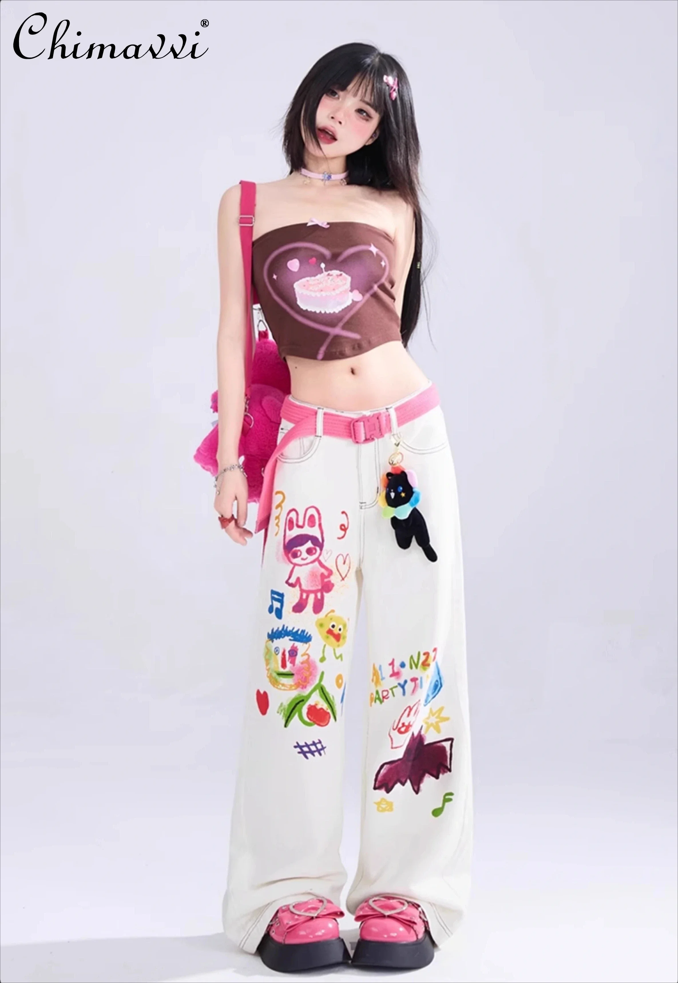 Kawaii White Wide-leg Pants Women's Winter New Sweet and Cute Girl Design Cartoon Hand-painted Printing Loose Straight Jeans