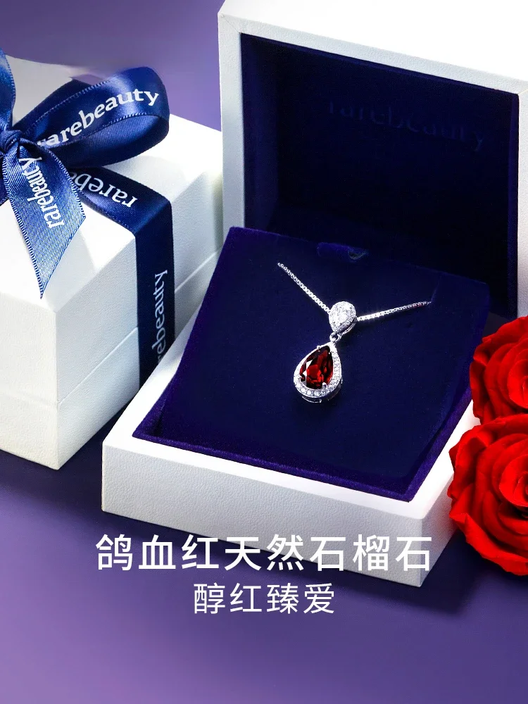 Garnet Sterling Silver Gem Pendant Necklace Women's Jewelry Qixi Festival Valentine's Day Gift for Girlfriend Birthday Wife