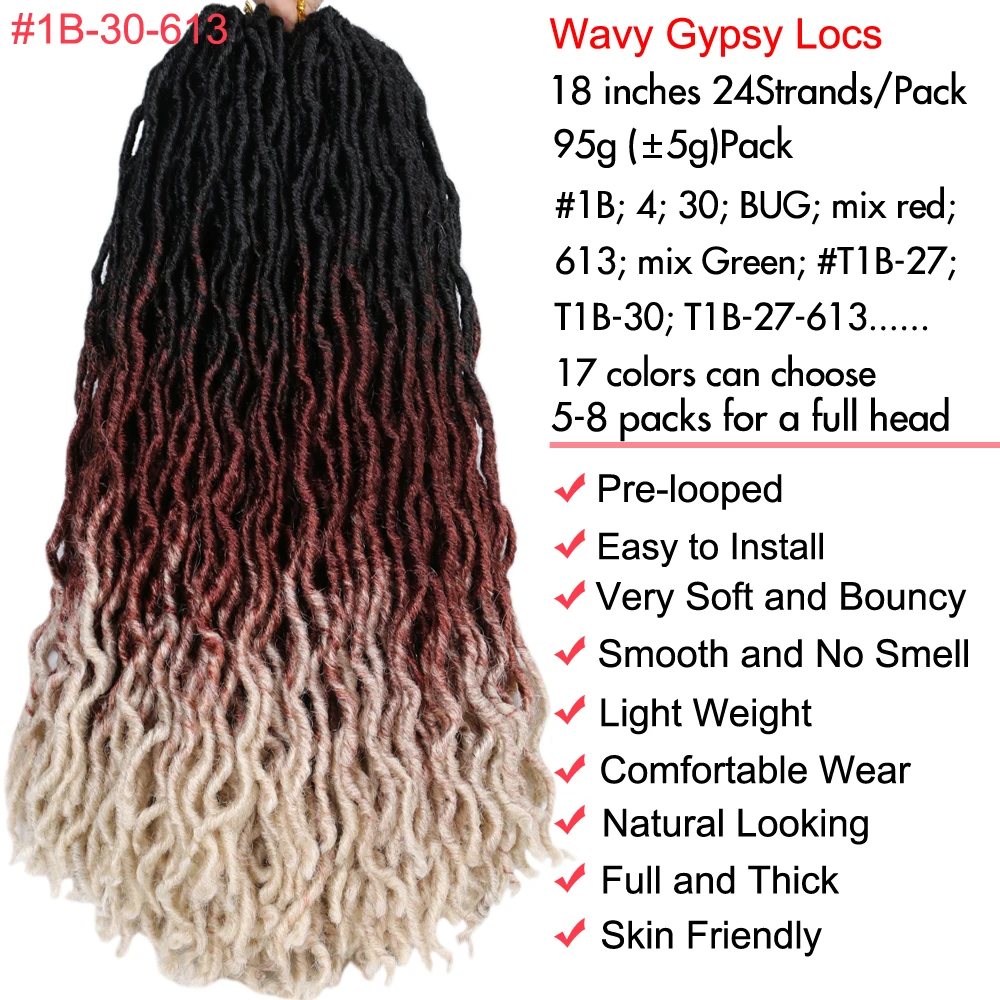 18 inch Wavy Gypsy Locs Crochet Hair Long Goddess Locs Synthetic Faux locs Crochet Hair Dreadlocks Ombre Curly Wavy Twists Hair