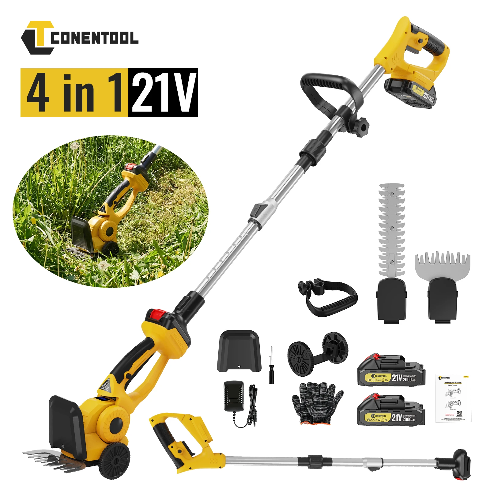 Cortasetos Inalámbrico CONENTOOL 4 en 1 de 21V con Barra de Extensión, Mini Cortadora de Arbustos de Bajo Ruido, Cuchillas Dobles, Kit de Herramientas de Jardín con Batería